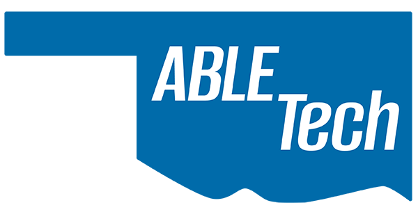 OK ABLE Tech logo, a blue Oklahoma shape with ABLE Tech over the shape